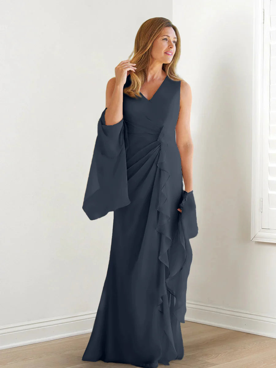 Abito da madre della sposa con body avvolgente/colonna, senza maniche, scollo a V